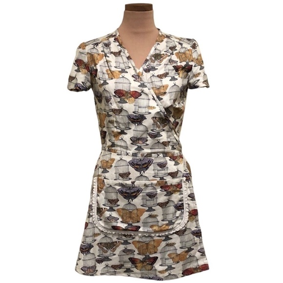 Vintage Apron Dress Size Small Cream Butterfly Bird Cage Print - Picture 1 of 9